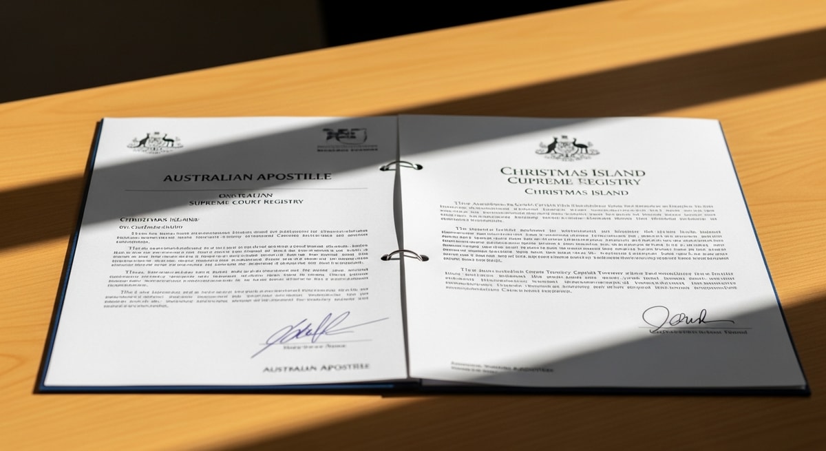 Australian apostille certificate on a Christmas Island official document issued through the Australian Capital Territory Supreme Court registry