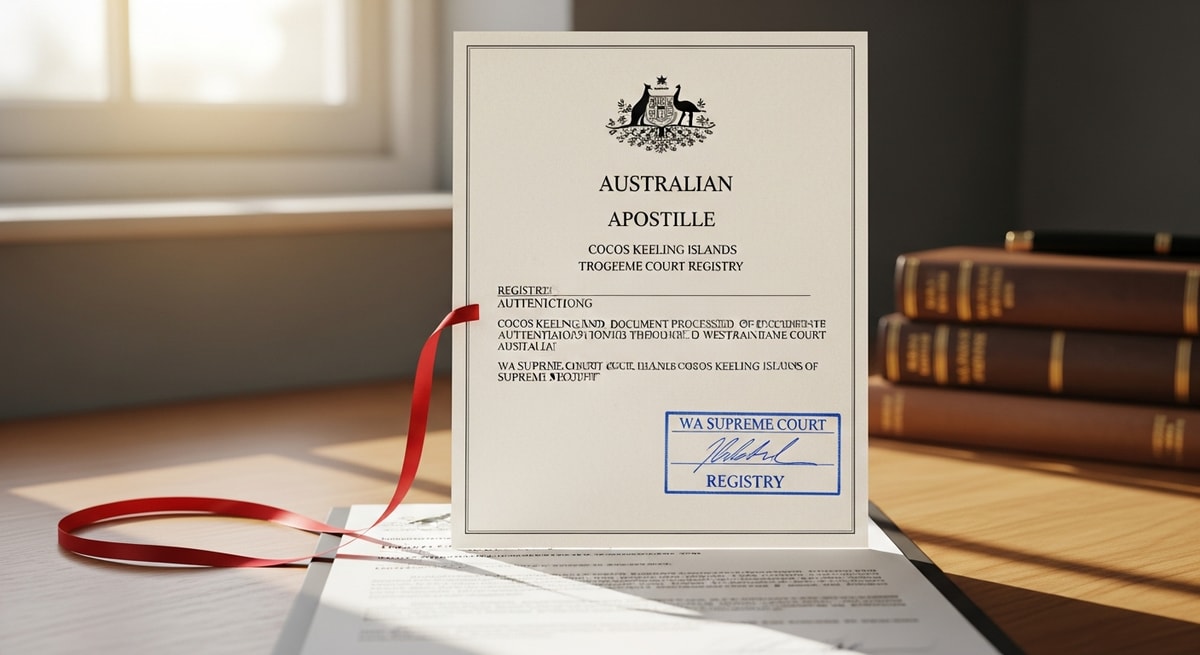 Australian apostille certificate for a Cocos Keeling Islands document processed through the Western Australia Supreme Court registry