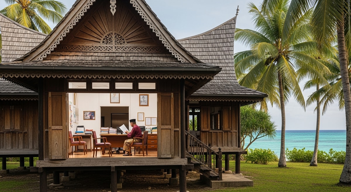 Traditional Malay-style buildings on Home Island in the Cocos Keeling Islands representing the Cocos Malay-speaking community and their document translation needs