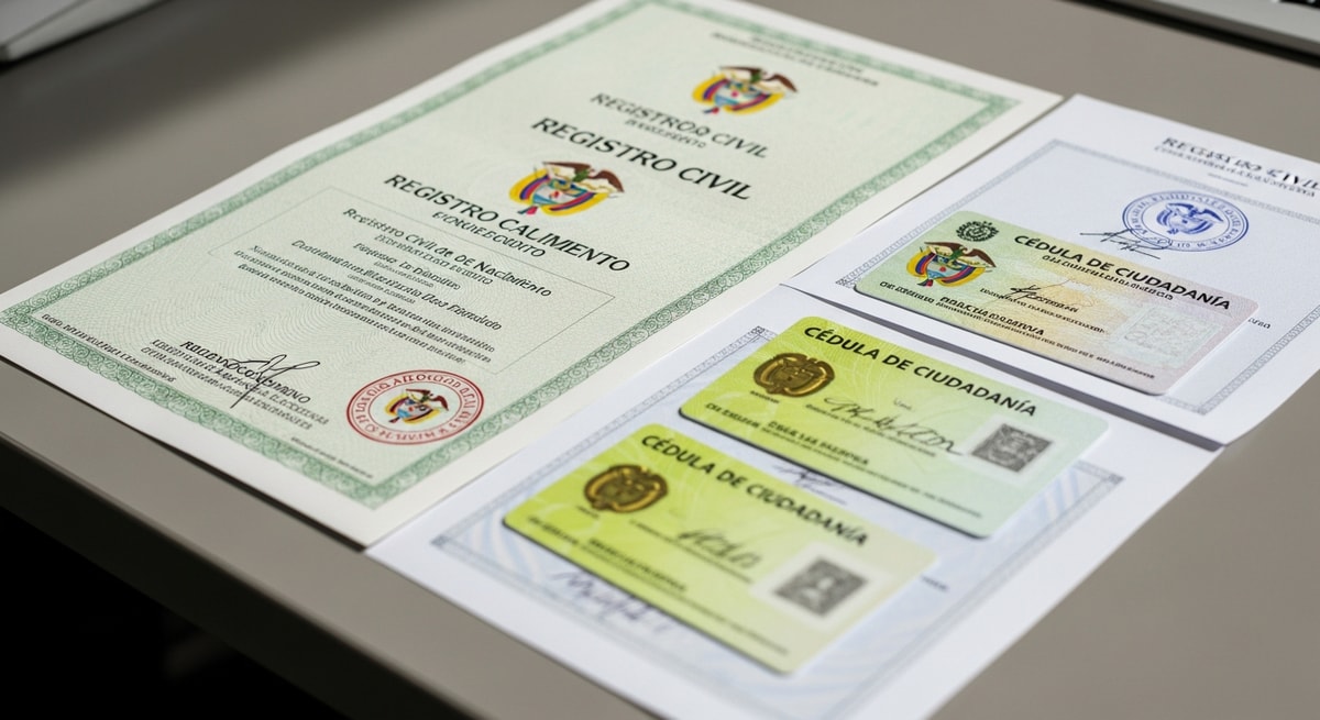Colombian civil registry documents including the Registro Civil and Cedula de Ciudadania representing the national identity system