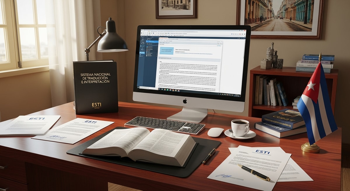 Professional translation workspace representing Cuba's ESTI system and the Sistema Nacional de Traducción e Interpretación