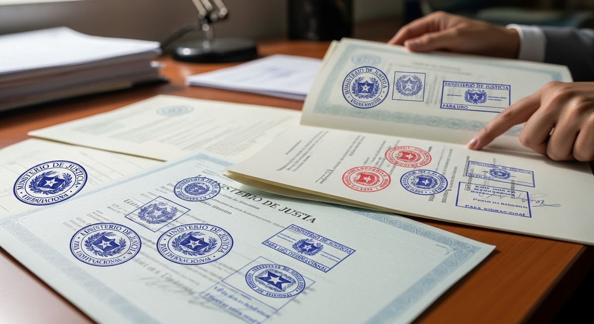 Document legalization process in Cuba showing official stamps and seals from the Ministerio de Justicia for international document authentication