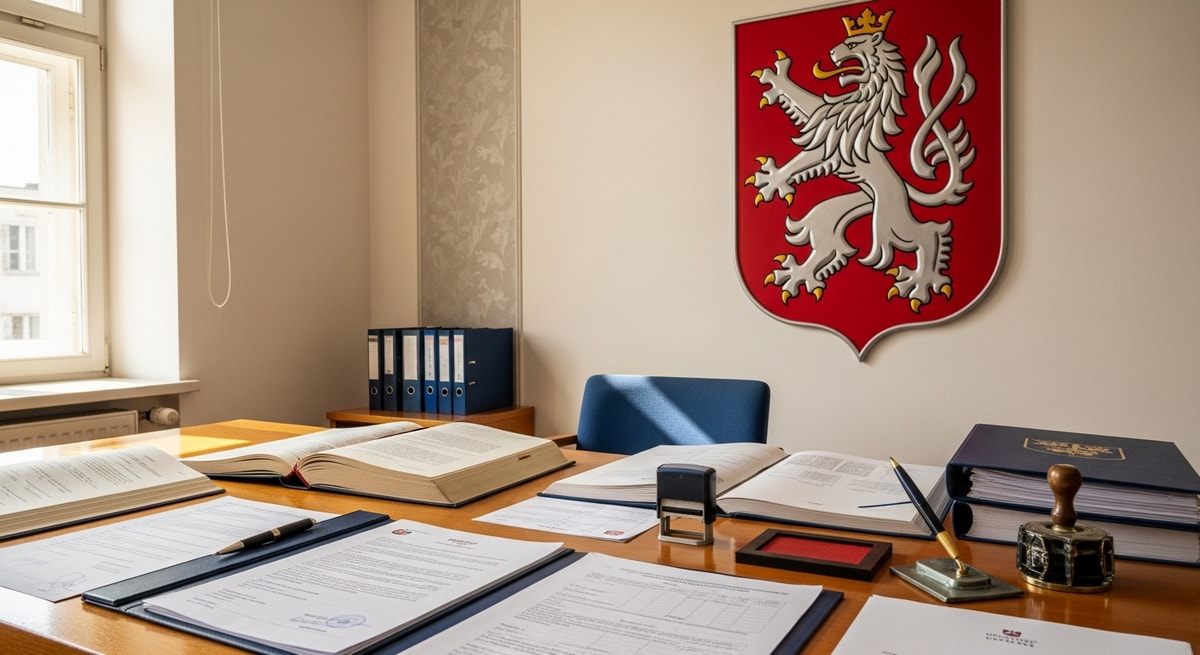 Czech civil registry office with official documents and the Czech coat of arms representing the matriční úřad vital records system