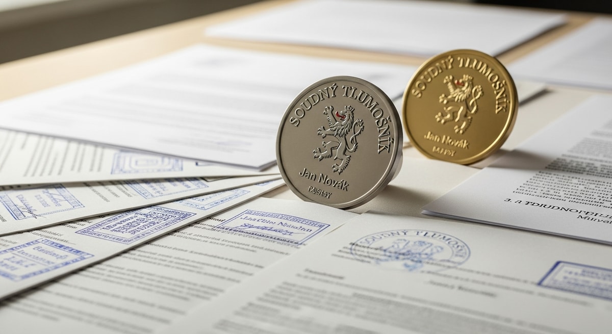 Official Czech court-appointed translator seal and certification documents representing the soudní tlumočník system governed by the Ministry of Justice