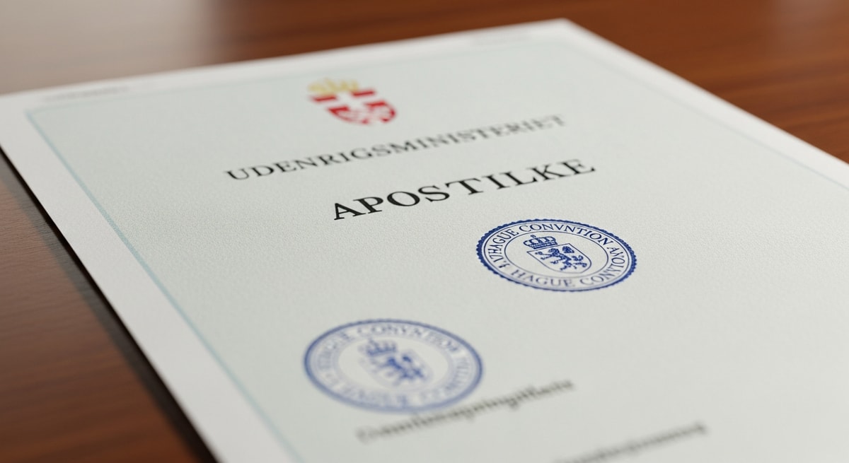 Danish apostille certificate from Udenrigsministeriet with Hague Convention seal for international document authentication