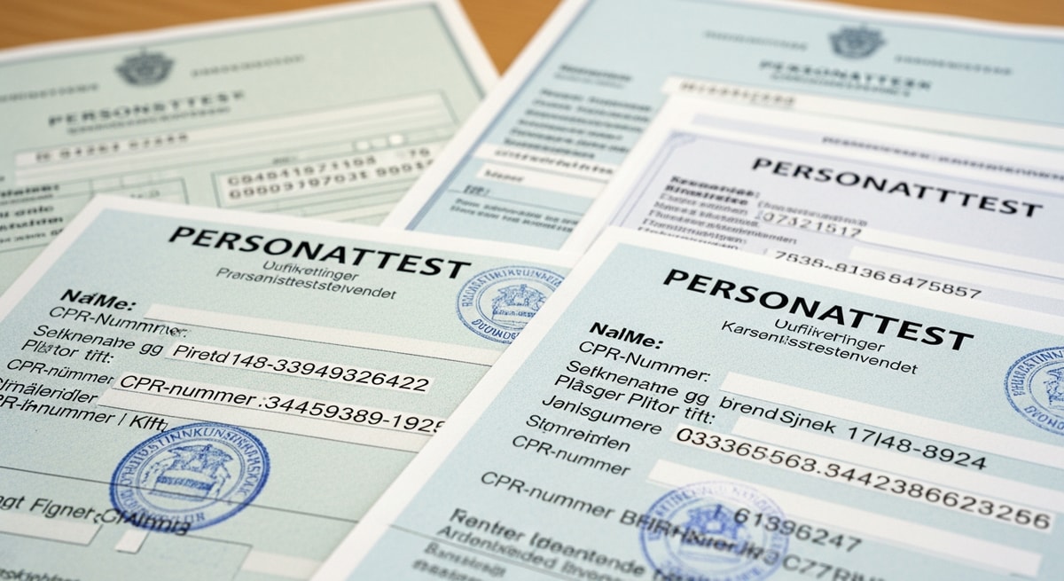 Danish civil registration documents showing CPR-nummer formatting and personattest layout from Danish municipal authorities