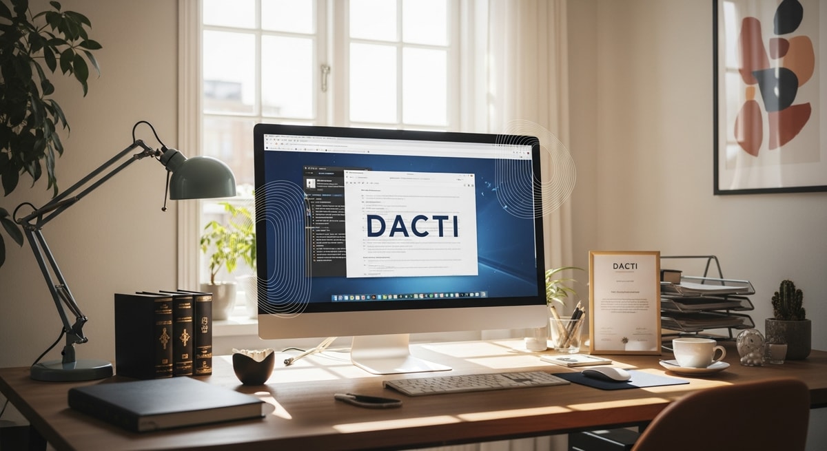 Professional Danish translation workspace representing the DACTI certification framework for certified translators in Denmark