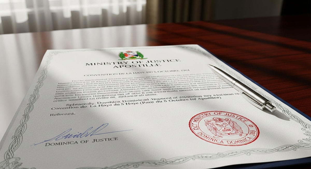 Apostille certificate from Dominica Ministry of Justice with official seal and Convention reference