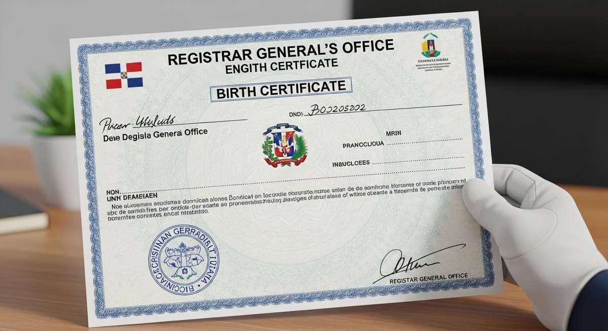 Dominican birth certificate in English from Registrar General's Office with official government seal