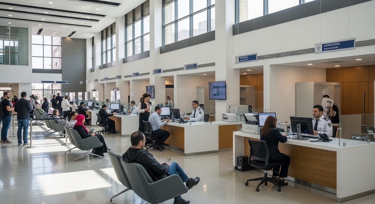 Modern Egyptian government service center in Cairo with service counters representing efficient administrative document processing