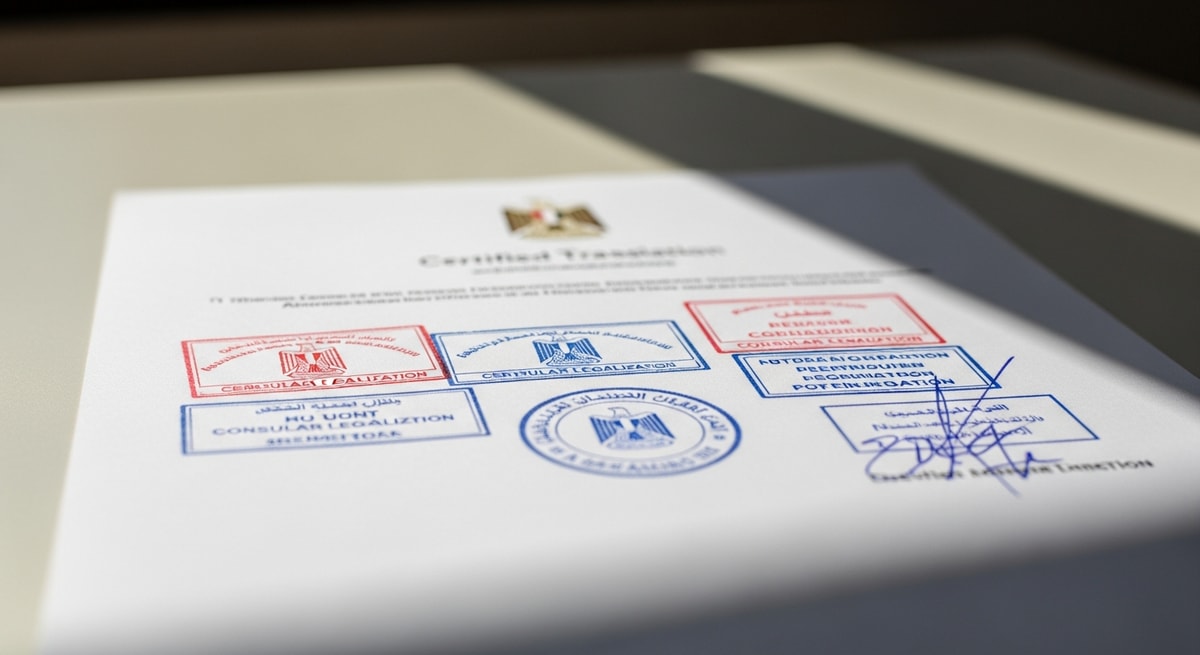 Official Egyptian consular legalization stamps and seals on a certified translation document showing multi-step authentication