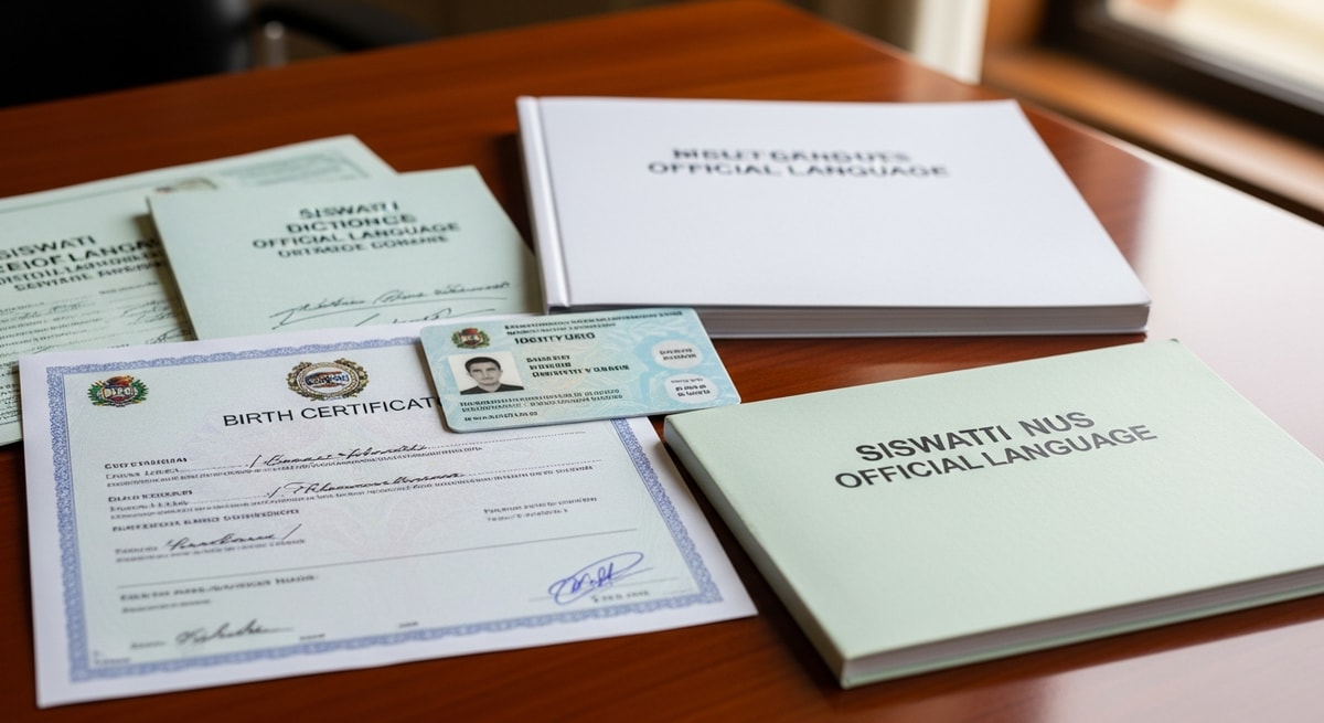 Eswatini official government documents including birth certificate and identity card alongside siSwati and English language reference materials