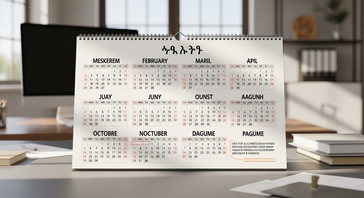 Ethiopian calendar showing the 13-month Ge'ez calendar system with Amharic month names that require accurate conversion for translated documents