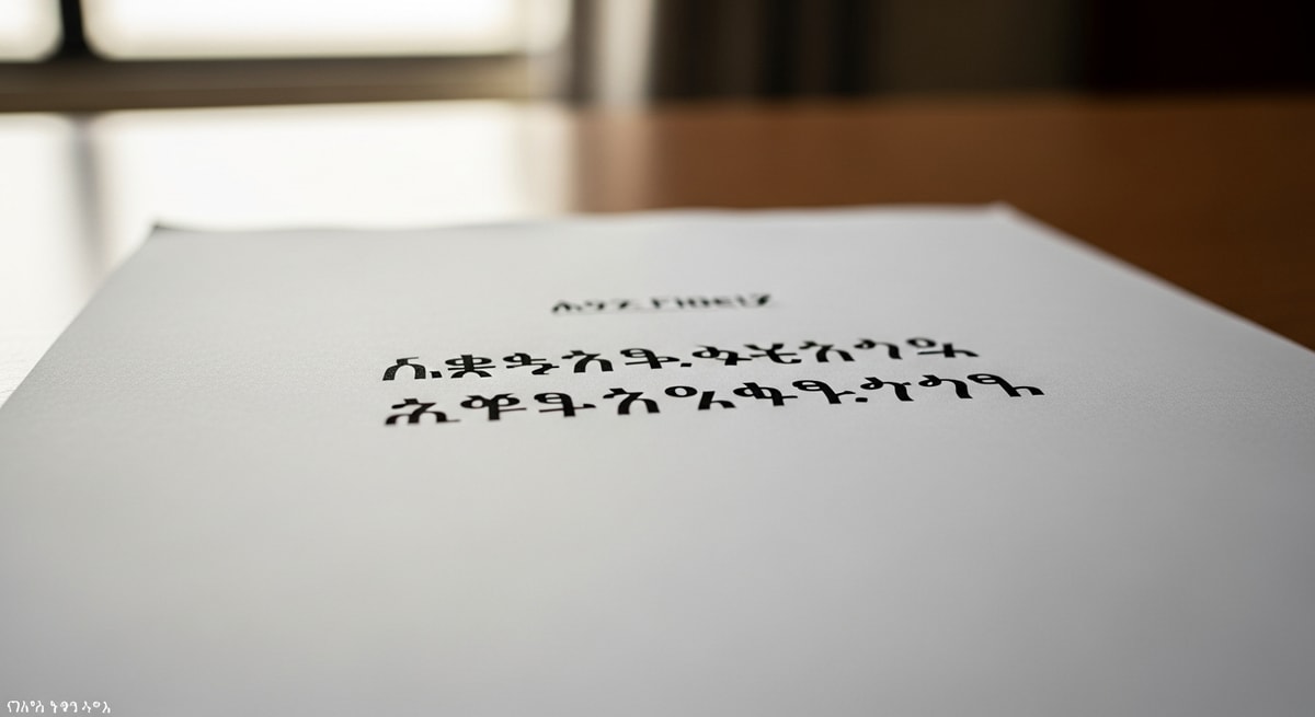 The Ge'ez Fidel script showing Amharic characters used in Ethiopian official documents requiring specialized translation expertise