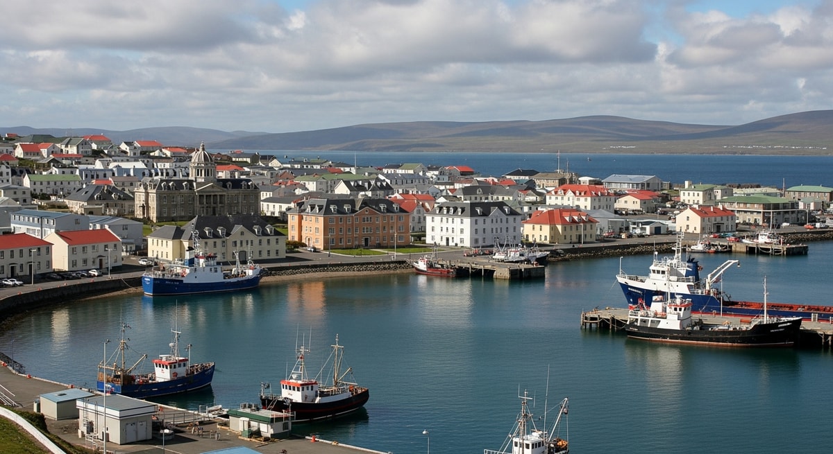 Stanley Harbour and government buildings of the Falkland Islands representing the British Overseas Territory's administrative centre in the South Atlantic