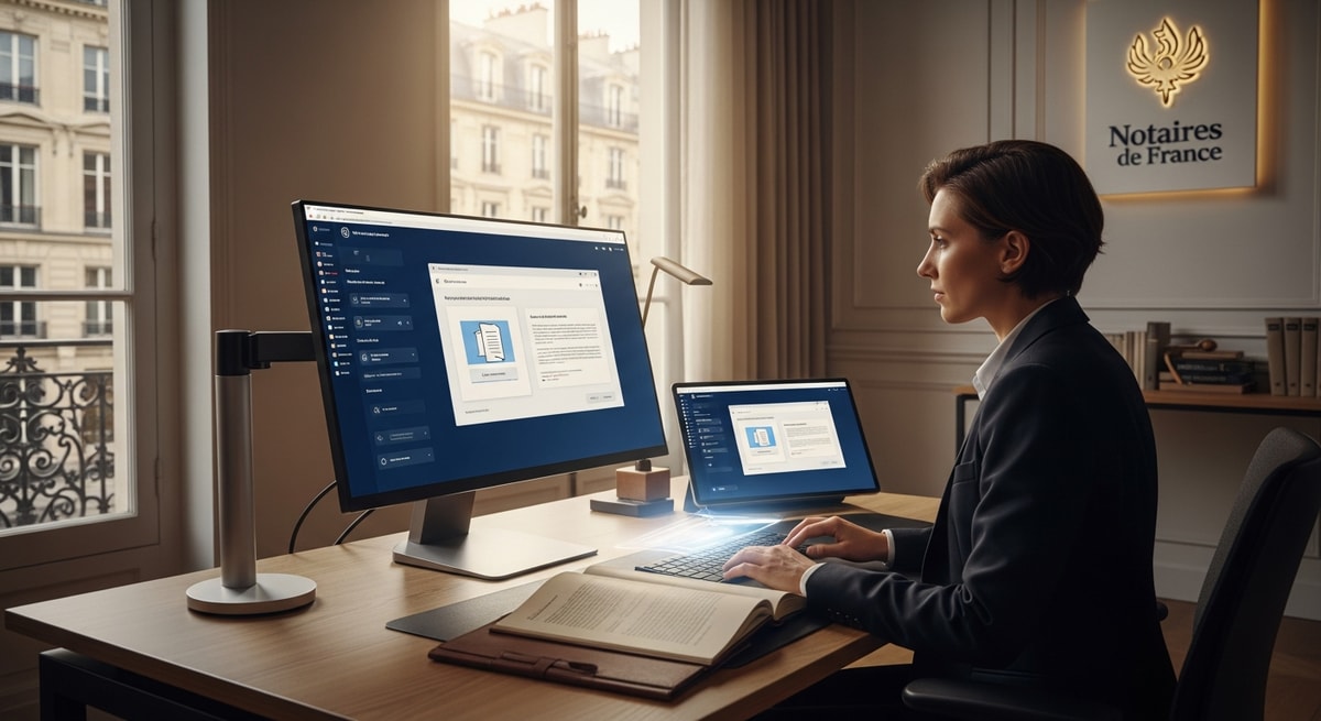 Modern French notarial office with digital workstation representing France's transition to electronic apostille issuance through Notaires de France