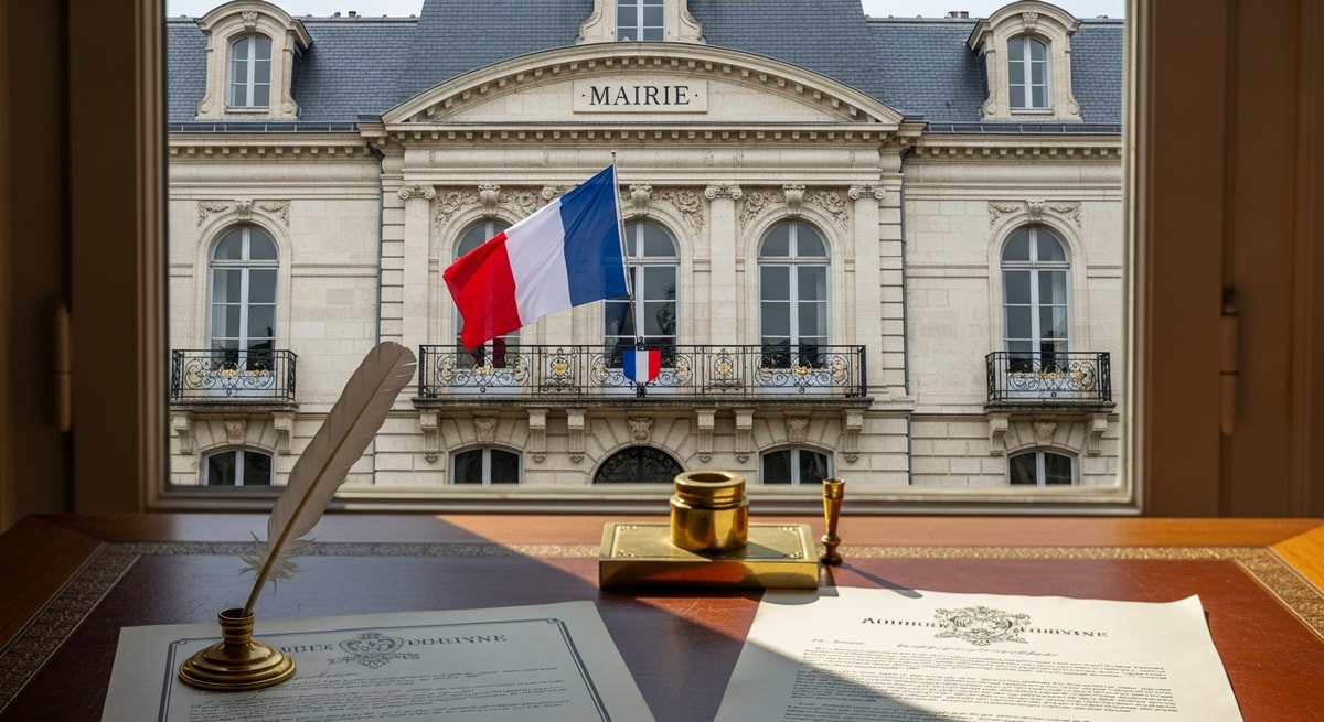 Elegant French mairie building with tricolore flag representing the municipal civil status offices that issue actes d'état civil