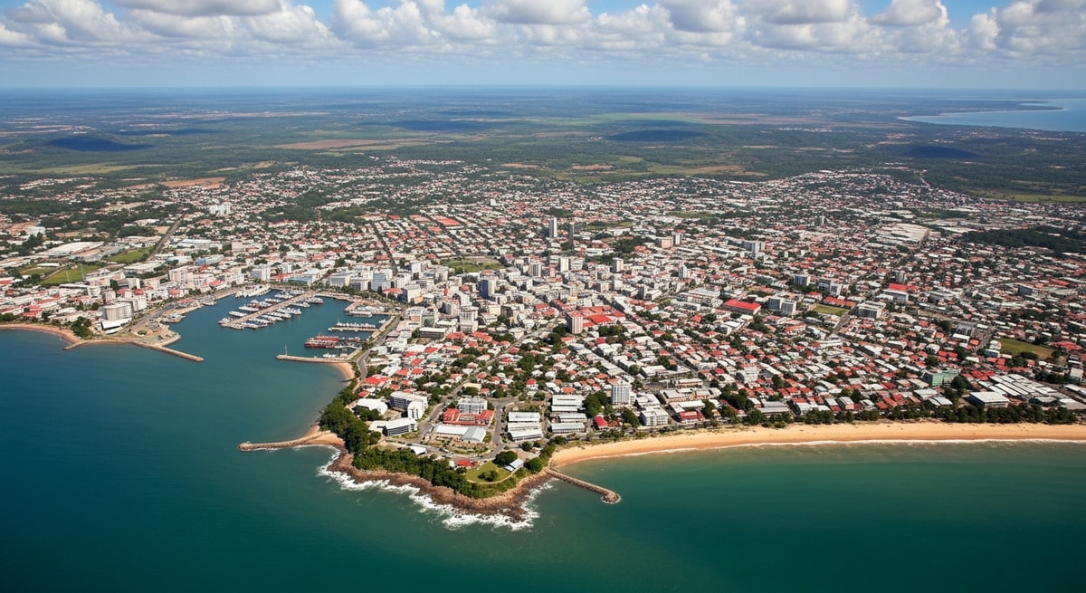 Aerial view of Cayenne city and the Atlantic coast of French Guiana showing the capital of this French overseas department on the South American continent