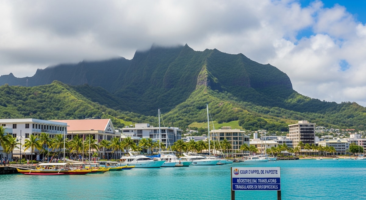 Papeete harbor in Tahiti representing the capital city of French Polynesia where the Cour d'appel de Papeete maintains the register of sworn translators