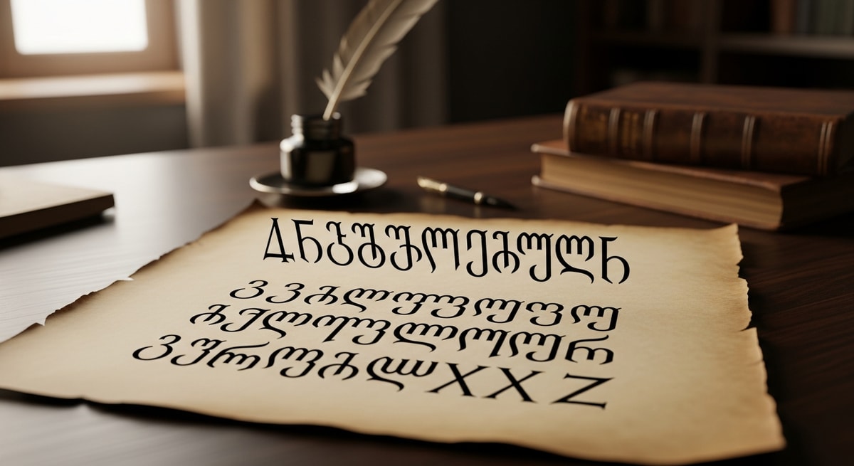Georgian Mkhedruli script calligraphy showing the 33-letter unicameral alphabet used in official documents
