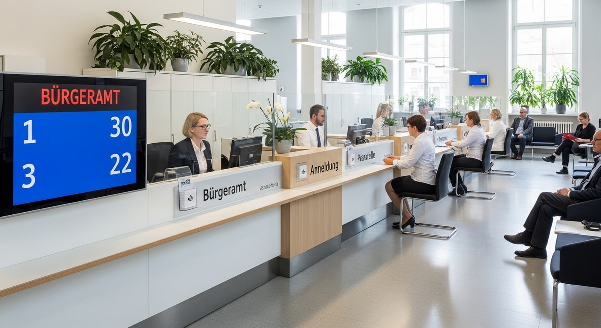 Interior of a modern German government office with numbered waiting system and service counters representing efficient German administrative processes