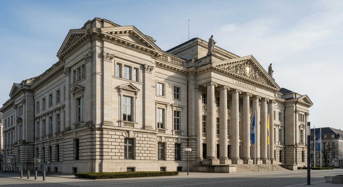 Exterior of a German Landgericht regional court building with classical architecture representing the judicial foundation of the sworn translator system
