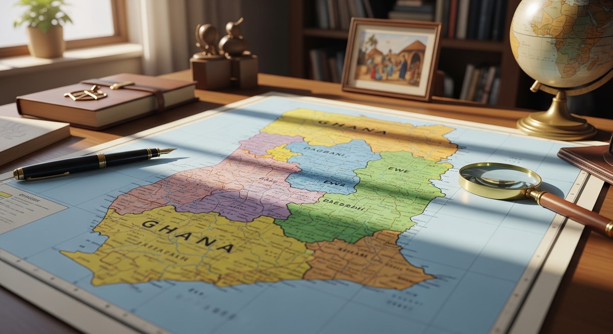 Map of Ghana highlighting the diverse linguistic regions including Akan-speaking south, Ewe-speaking east, and Dagbani-speaking north