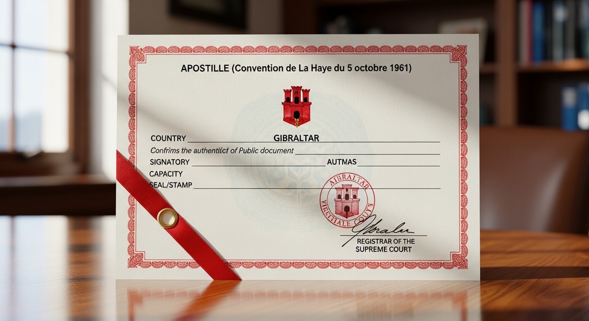 Gibraltar apostille certificate issued by the Registrar of the Supreme Court authenticating public documents under the Hague Convention