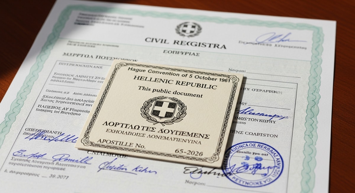 Greek apostille certificate with Hague Convention header affixed to an official Greek civil registry document