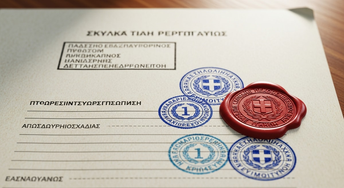 Close-up of a Greek official document showing Greek alphabet text with civil registry stamps and seals