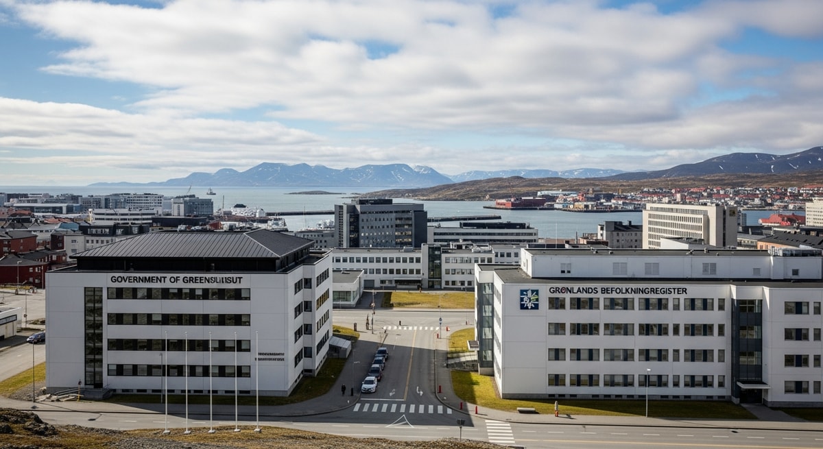 Nuuk cityscape capital of Greenland showing the Government of Greenland Naalakkersuisut buildings and the Grønlands Befolkningsregister civil registry