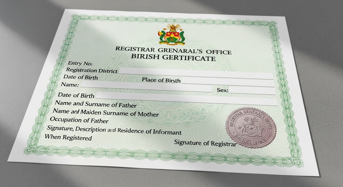 Grenadian birth certificate in English from Registrar General's Office with official seal
