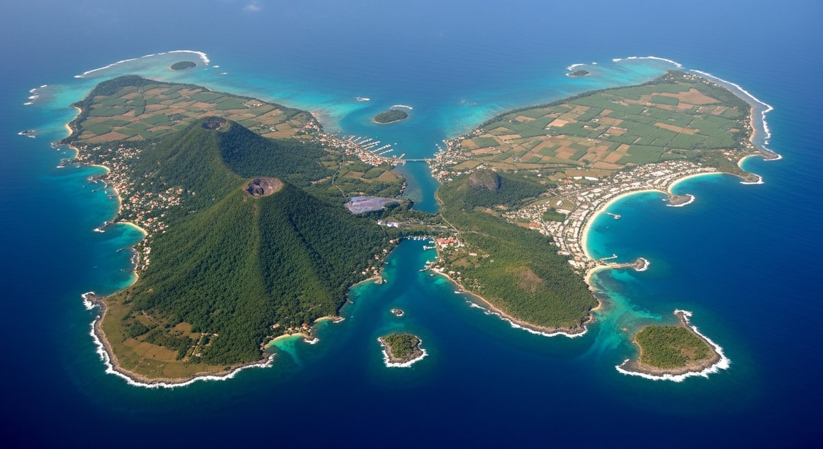 Butterfly-shaped archipelago of Guadeloupe as seen from above showing its unique geography as a French overseas department in the Caribbean