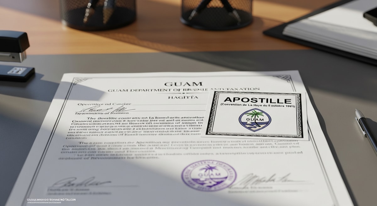 Hague Apostille certificate on a Guam official document issued by the Guam Department of Revenue and Taxation in Hagåtña