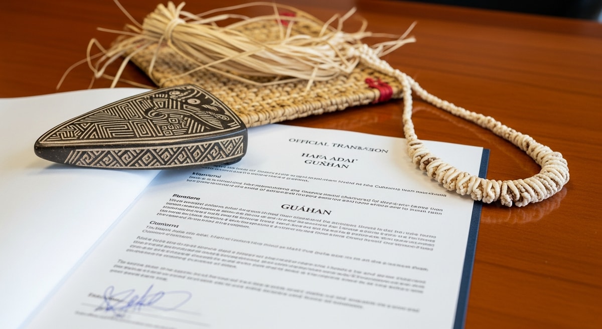 Traditional Chamorro cultural artifacts and language inscription representing Guam's indigenous heritage in official document translation