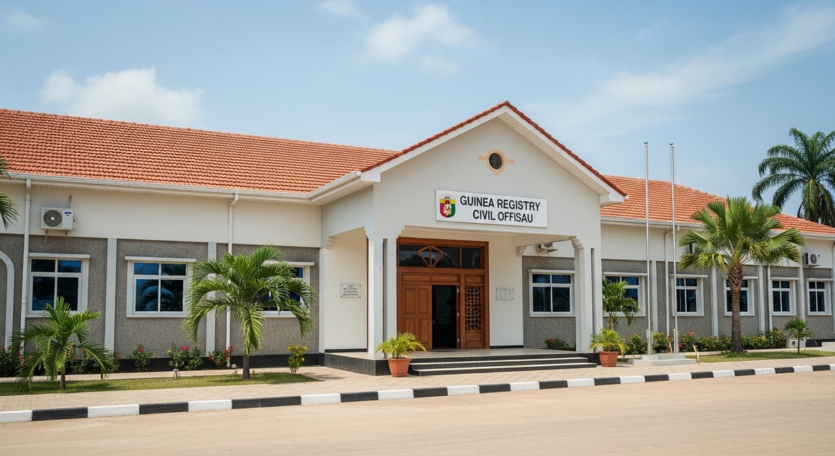 Civil registry office building in Guinea-Bissau where certidões de nascimento and other vital records are issued and authenticated for official use