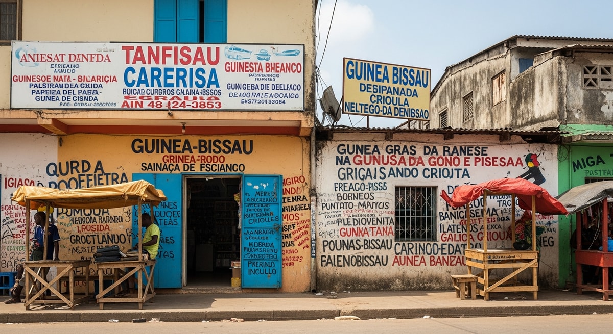 Multilingual street scene in Bissau showing Portuguese signage alongside Crioulo informal text representing Guinea-Bissau's complex linguistic environment