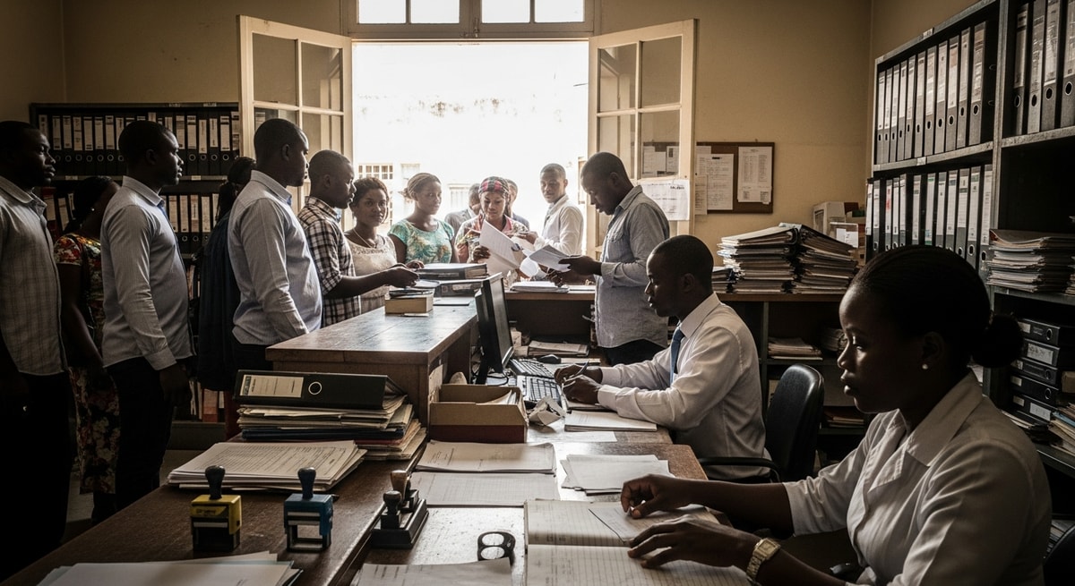 Guinean état civil office in Conakry where birth certificates and marriage records are registered and issued under French civil law traditions