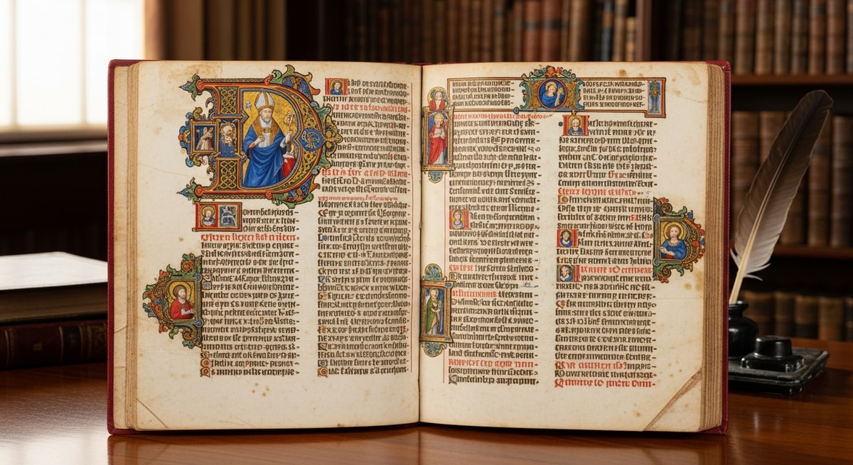 Illuminated Latin manuscript page with ecclesiastical text and ornate decoration representing the Holy See's tradition of Latin official documents