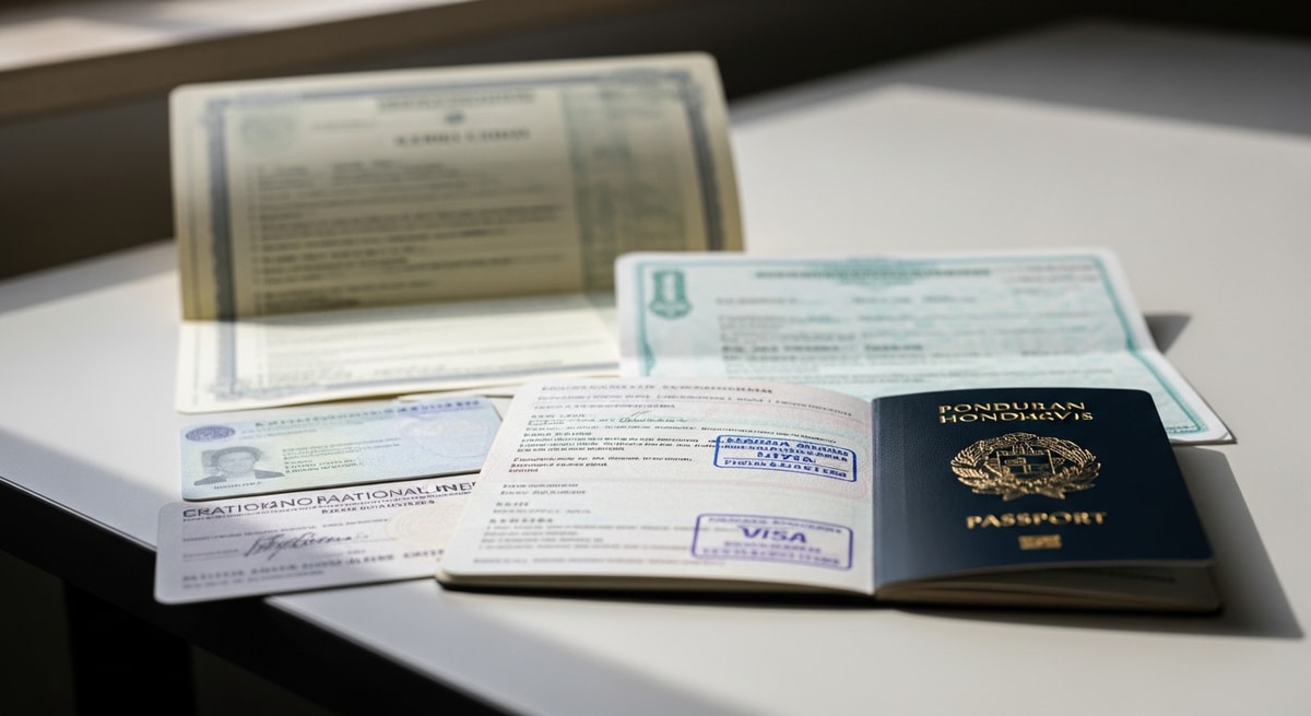 Honduran passport and civil documents laid out for immigration processing representing the documentation needs of US-bound Honduran immigrants