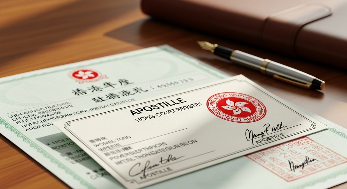 Apostille certificate on a Hong Kong official document with the High Court Registry seal confirming international authentication