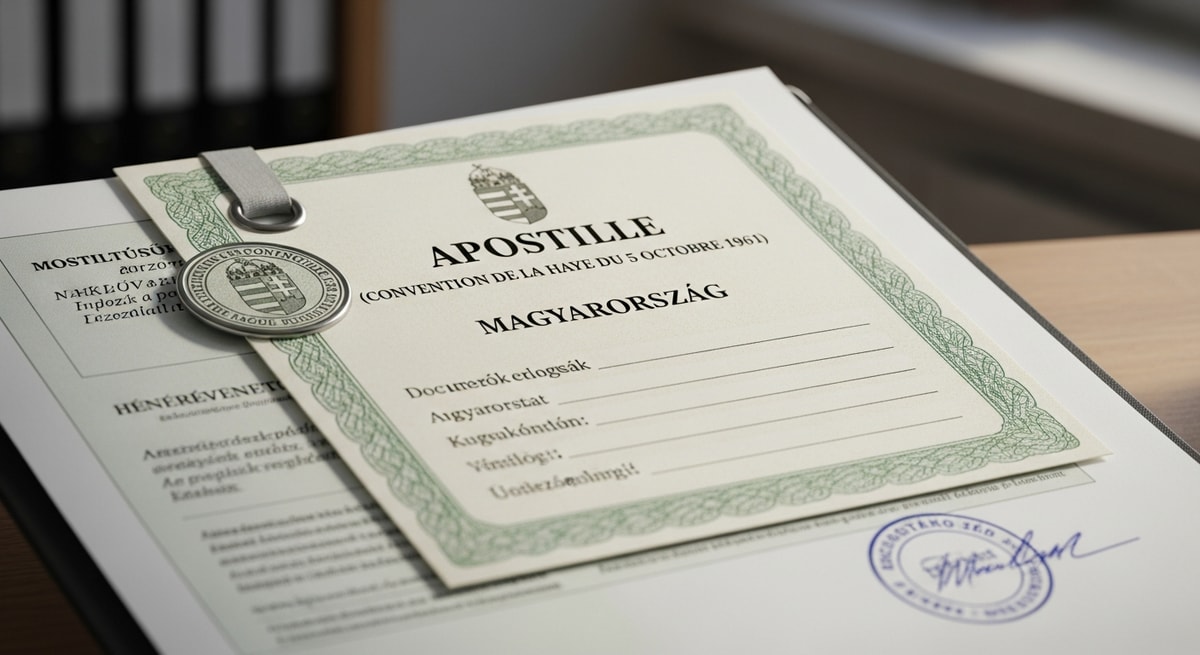 Official Hungarian apostille certificate with Hague Convention header attached to a certified document for international authentication