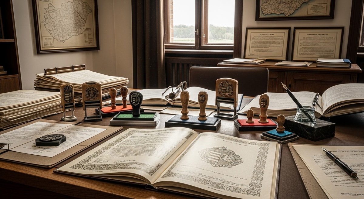 Hungarian civil registry office with official documents and stamps used for birth and marriage certificate issuance