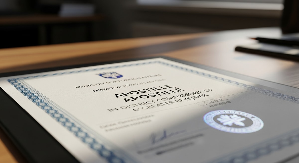Icelandic apostille certificate issued through the Ministry for Foreign Affairs at the District Commissioner of Greater Reykjavík