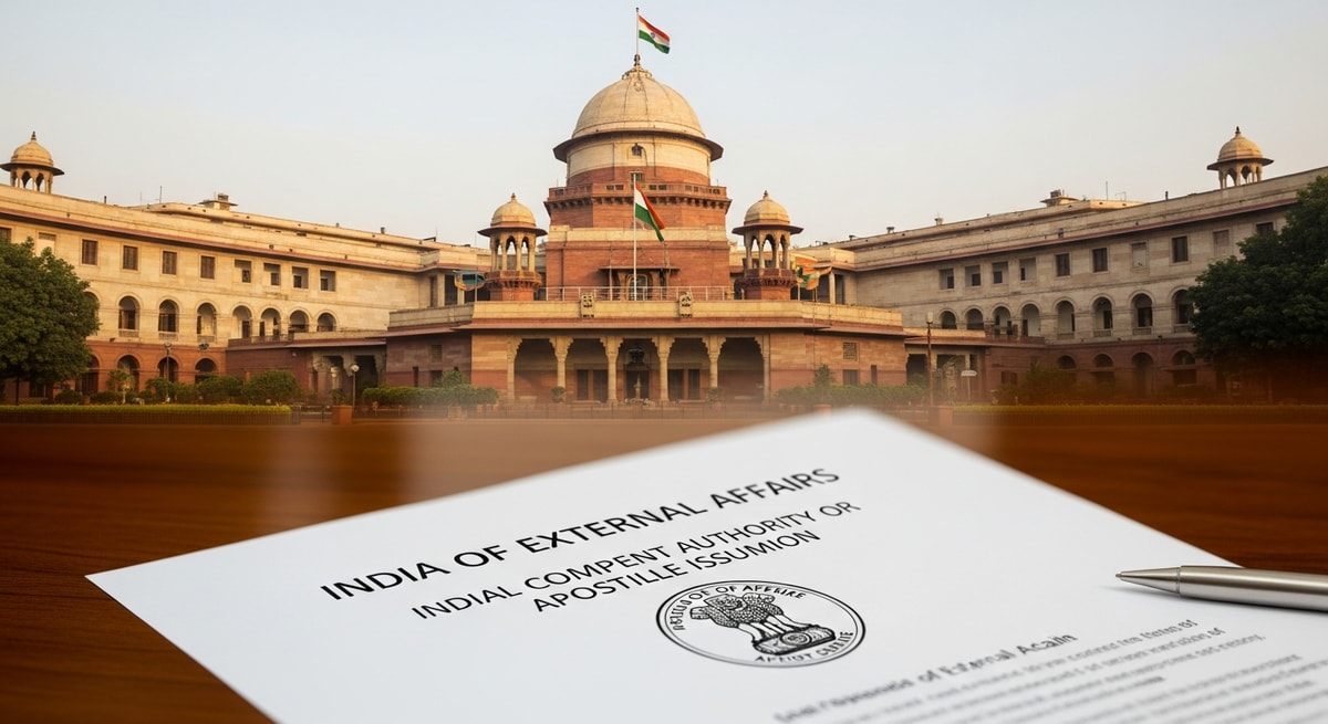 Ministry of External Affairs building in New Delhi representing India's central competent authority for apostille issuance