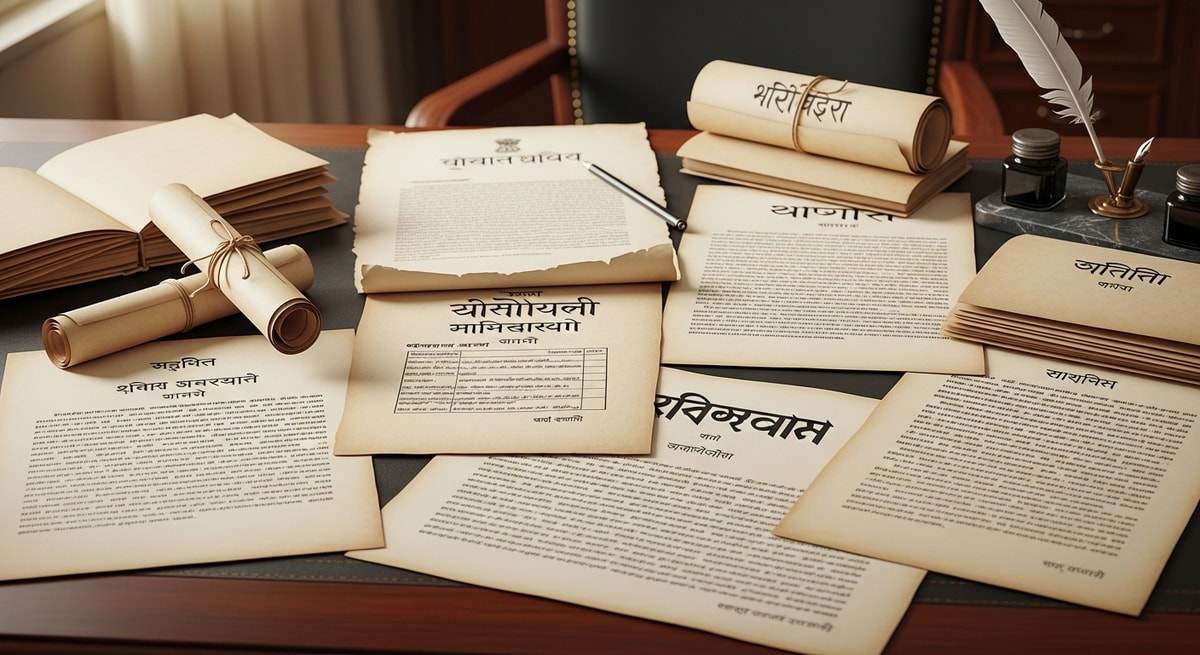 Collection of Indian documents in multiple scripts including Devanagari, Tamil, Bengali, and Telugu representing India's linguistic diversity