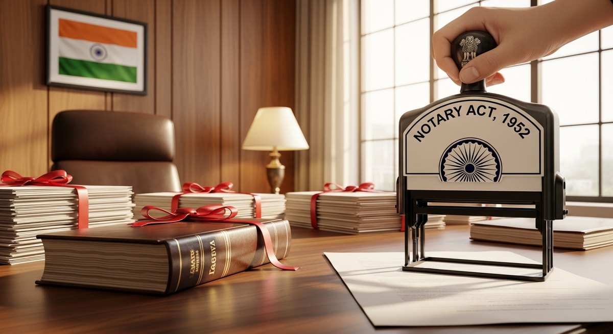 Indian legal office with official documents and notary stamp representing the notarization process under the Notaries Act 1952