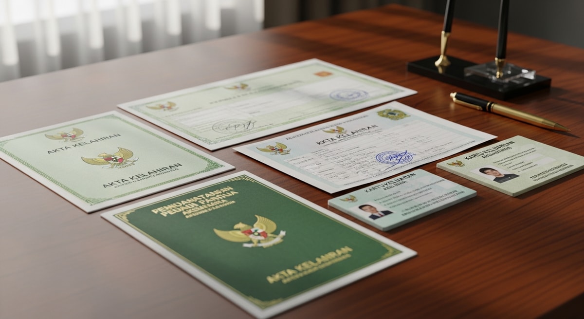 Collection of official Indonesian government documents including Akta Kelahiran and Kartu Keluarga laid out on a desk