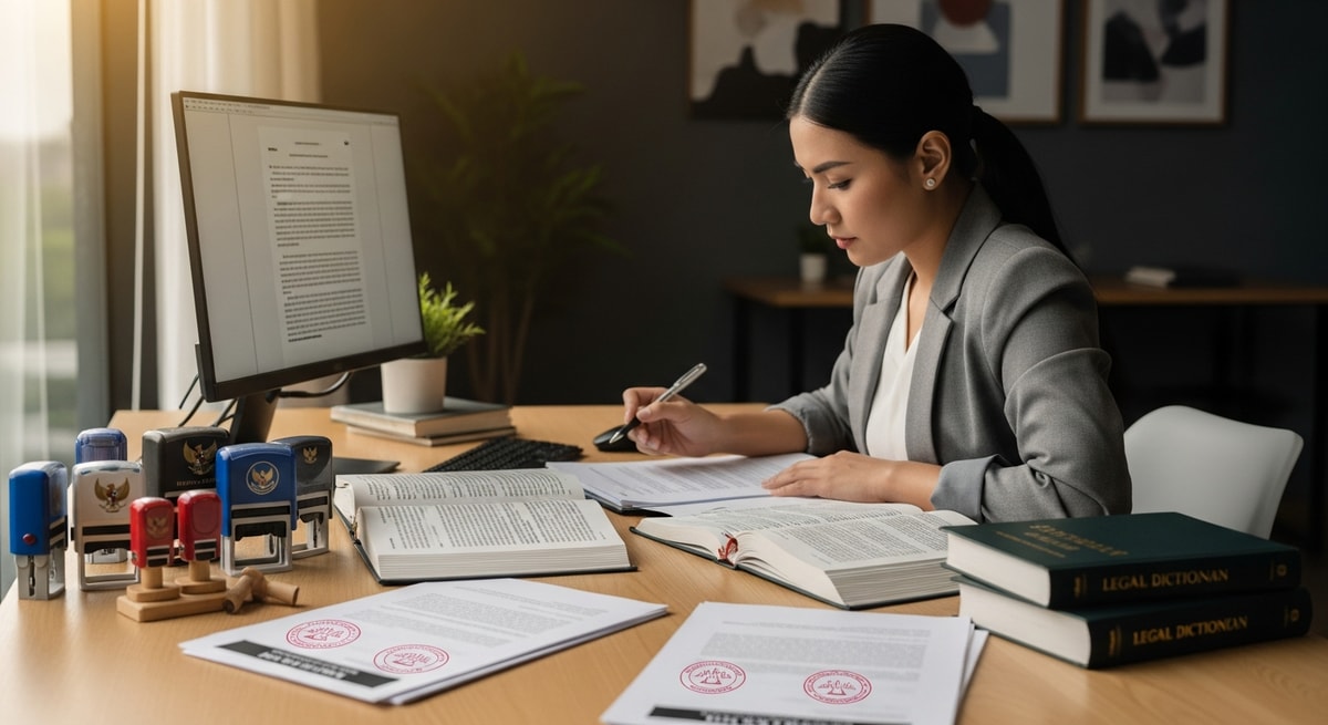 Professional translator reviewing Indonesian legal documents at a modern office desk with certification stamps and reference materials