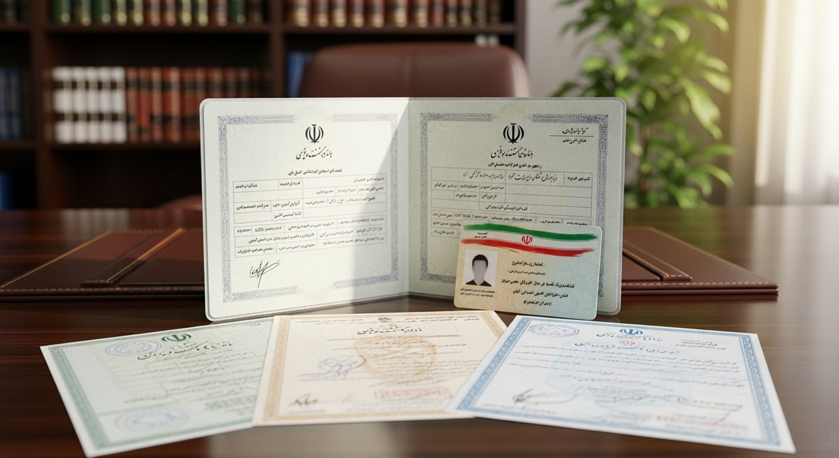 Iranian official documents including a Shenasnameh identity booklet and national identity card representing the civil registration system